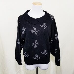 Vintage sweater black bows metallic silver peter pan collar